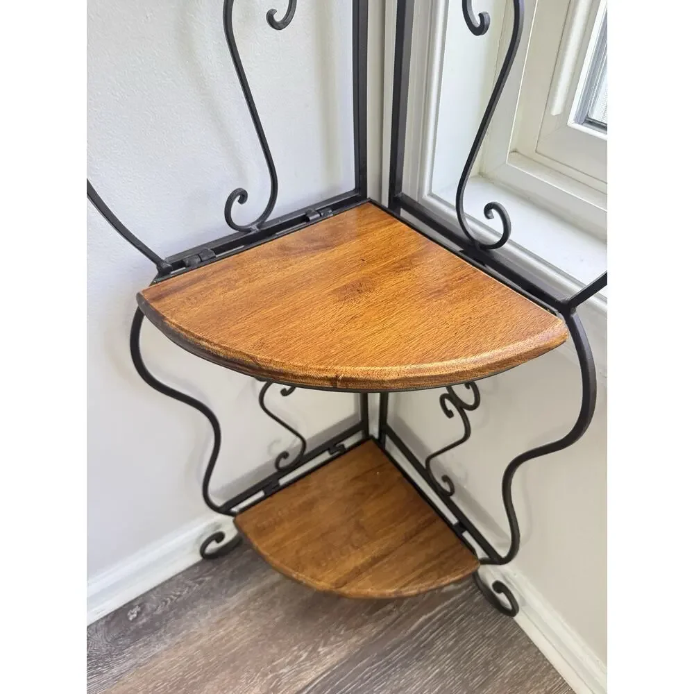 Vintage 3 Tier Folding Corner Shelf Wrought Iron Wood Etagere Plant Stand 48